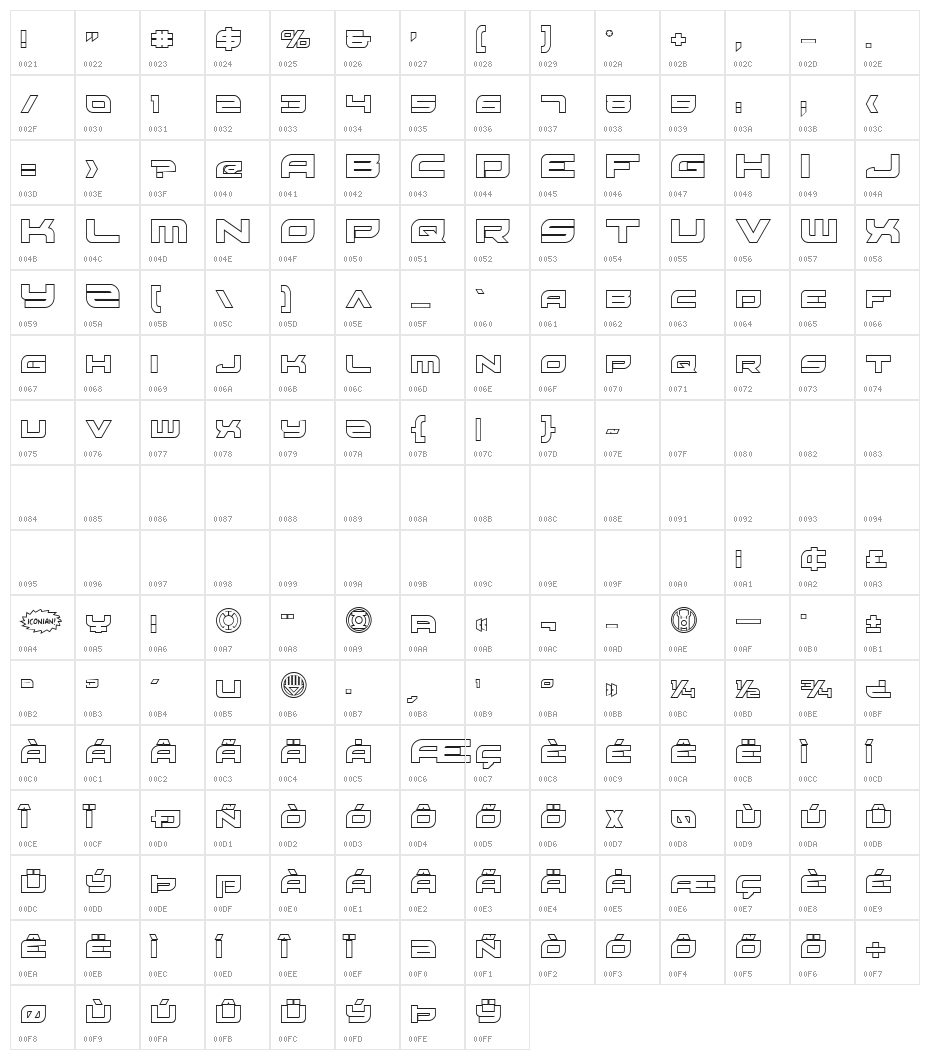 Red Rocket Outline Regular Character Map