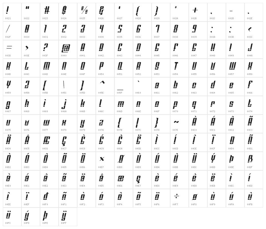 Red Steel Stripped Italic Character Map