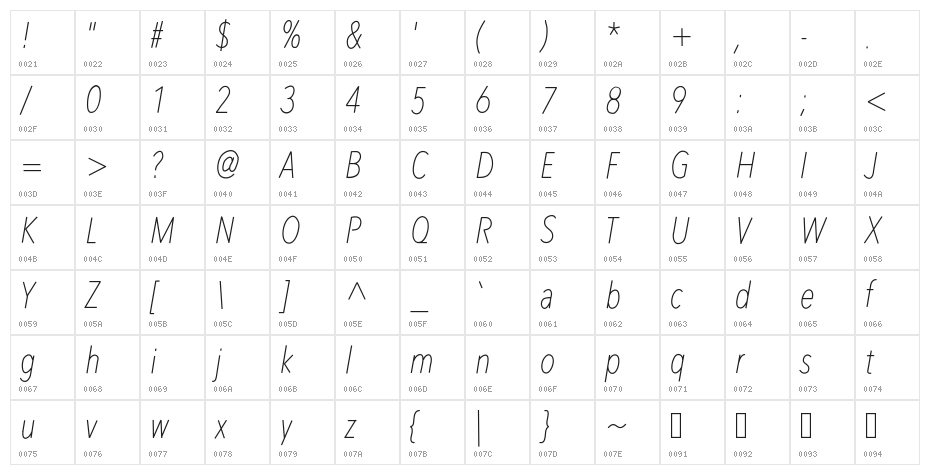 RedWood Oblique Character Map