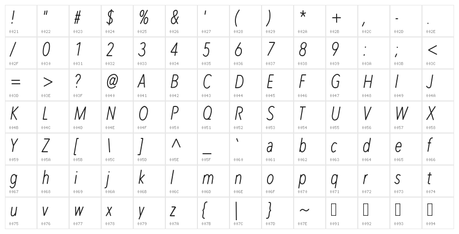 RedWood Thick Oblique Character Map
