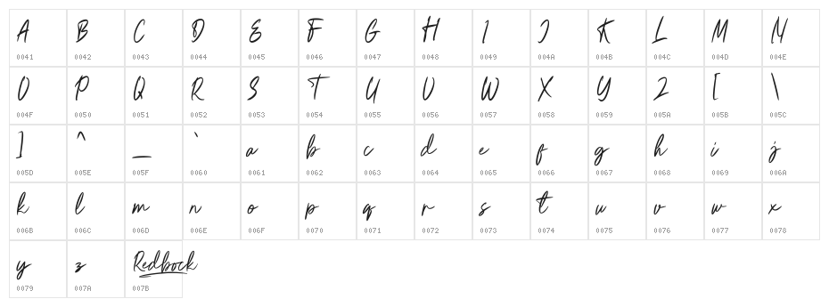Redbock Character Map