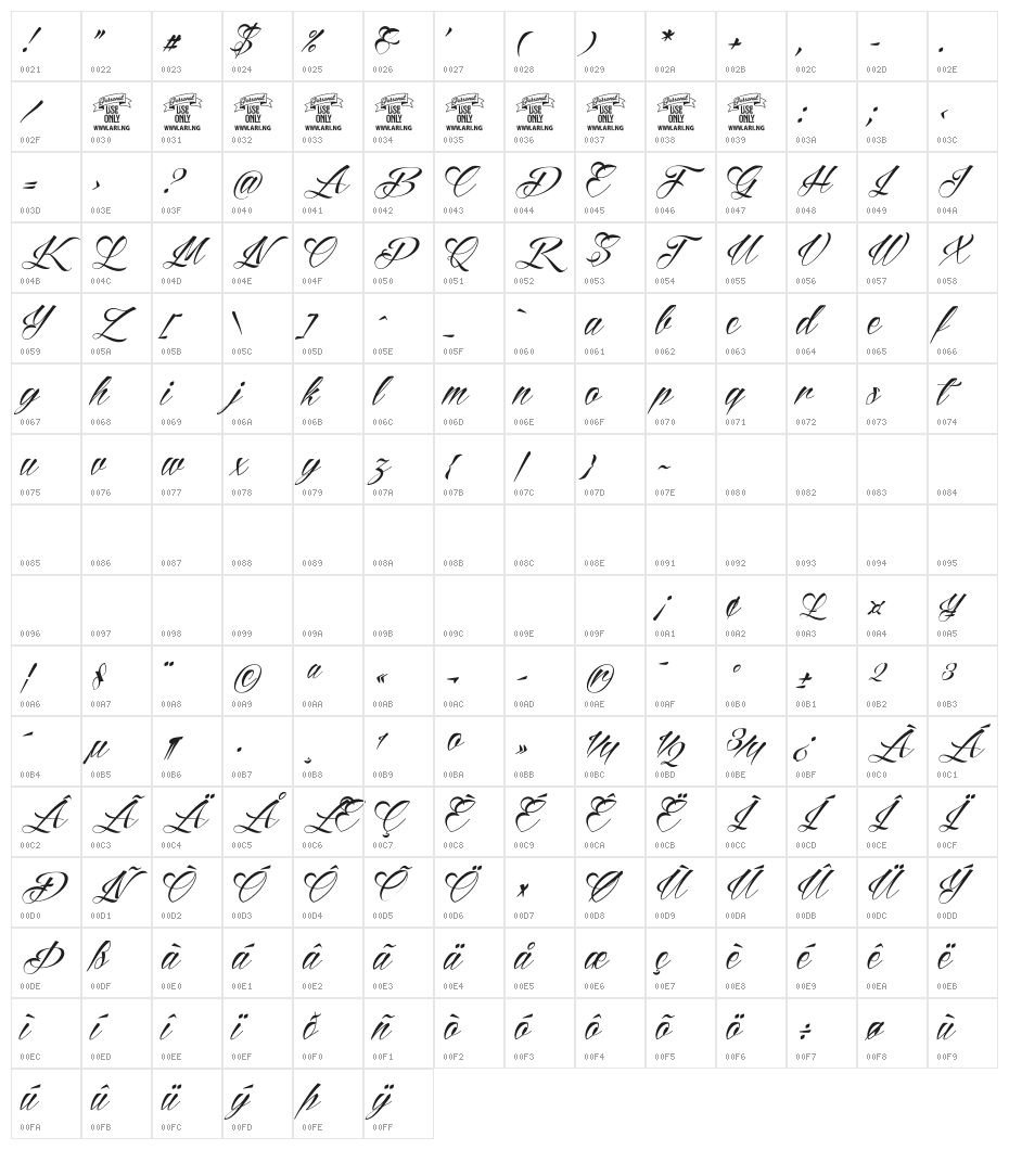 Reditum Personal Use Only Character Map