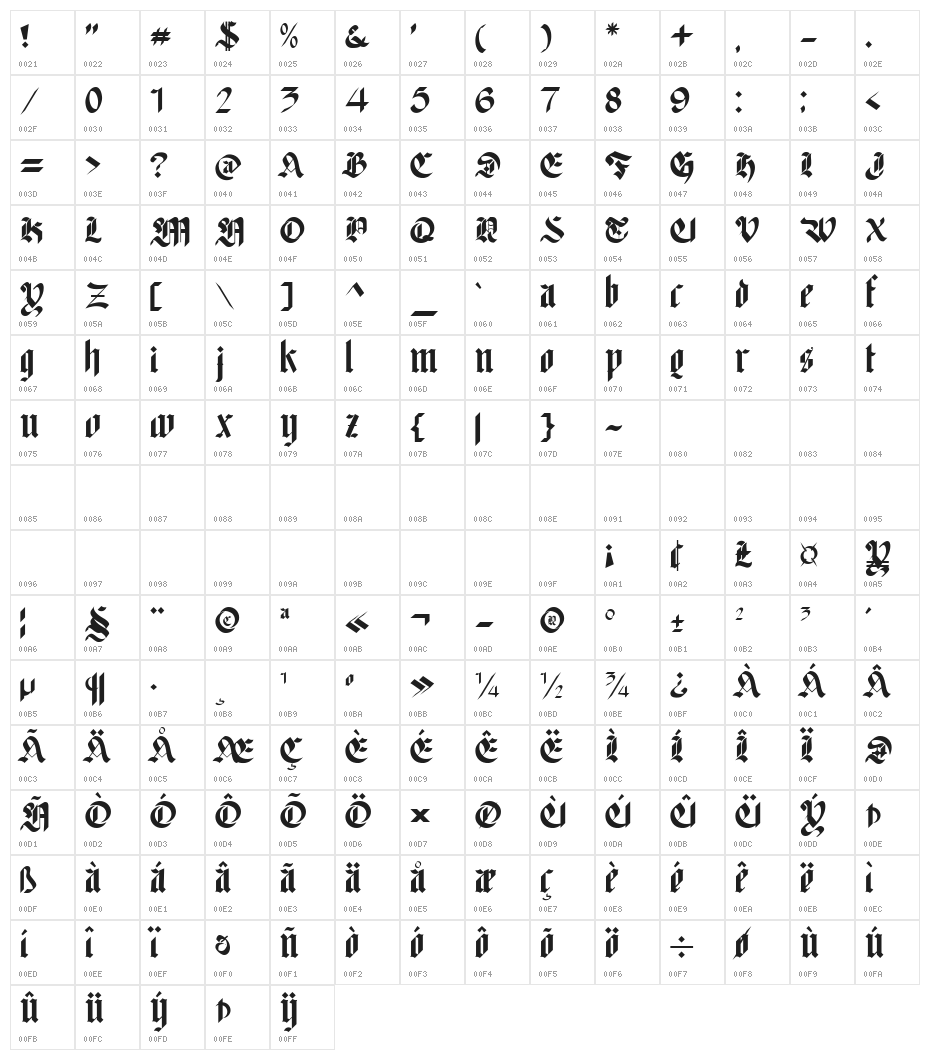 Redro tall Regular Character Map
