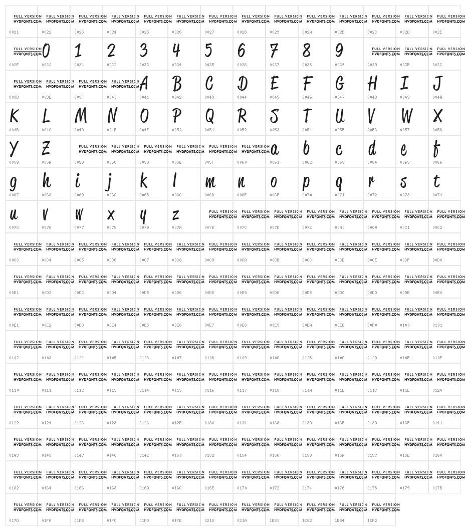 Reklame Script Regular DEMO Character Map