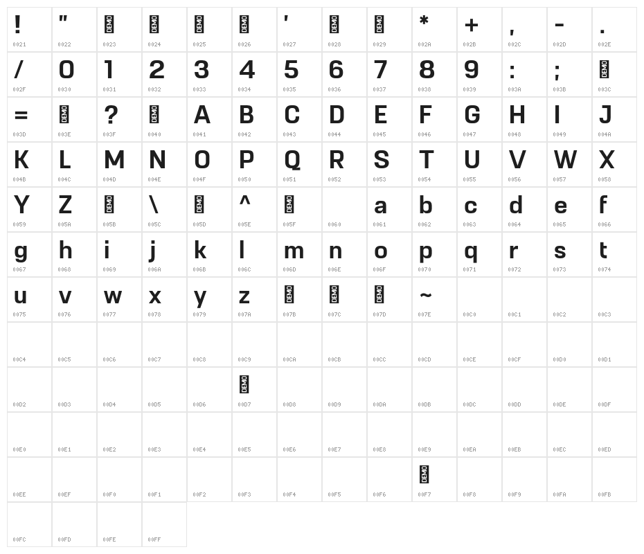 RemoveDEMO-Bold Character Map
