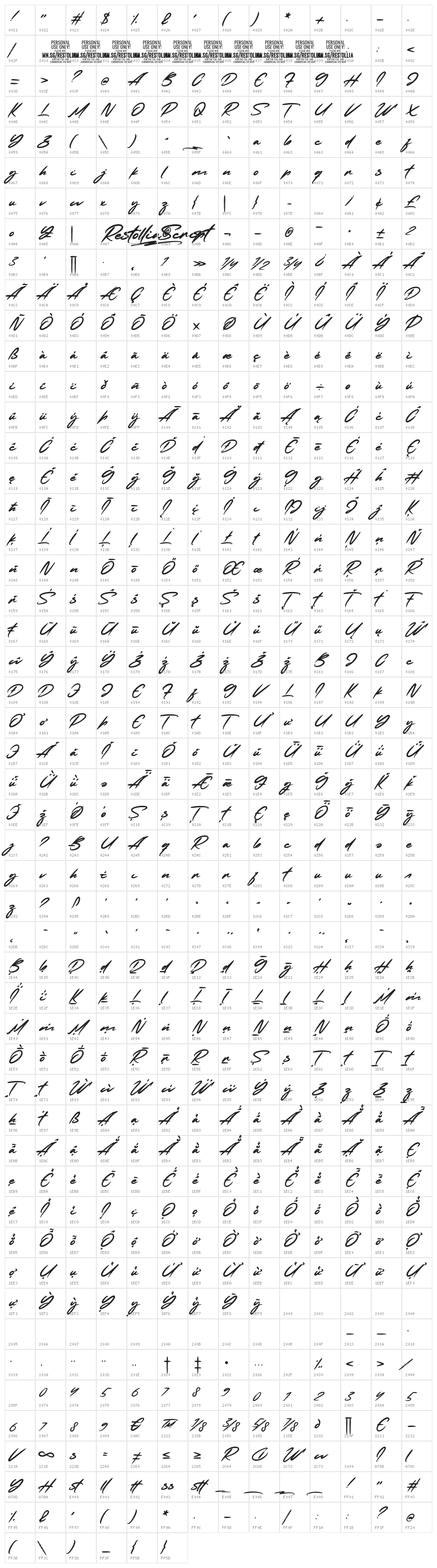 Restollia Script PERSONAL USE Regular Character Map