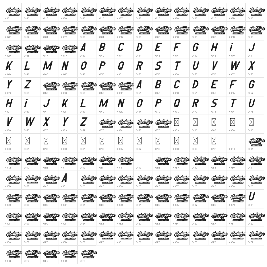 Reversed Demo Italic Character Map