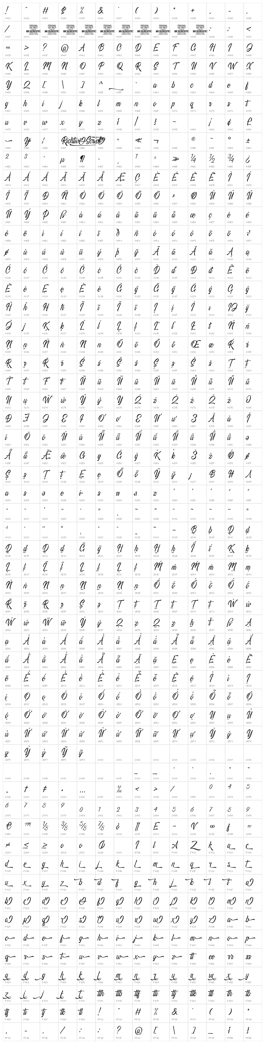 Richtive Script PERSONAL USE Regular Character Map