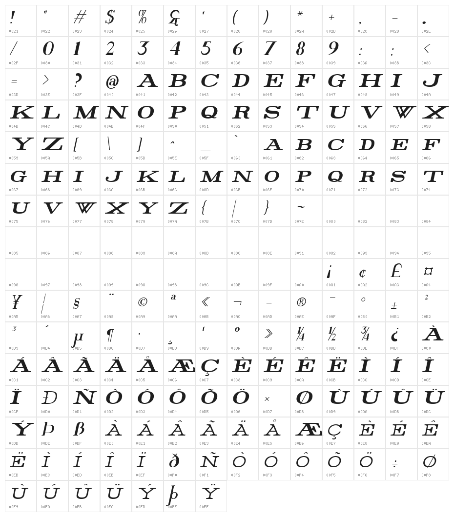 Rider Bold Italic Character Map