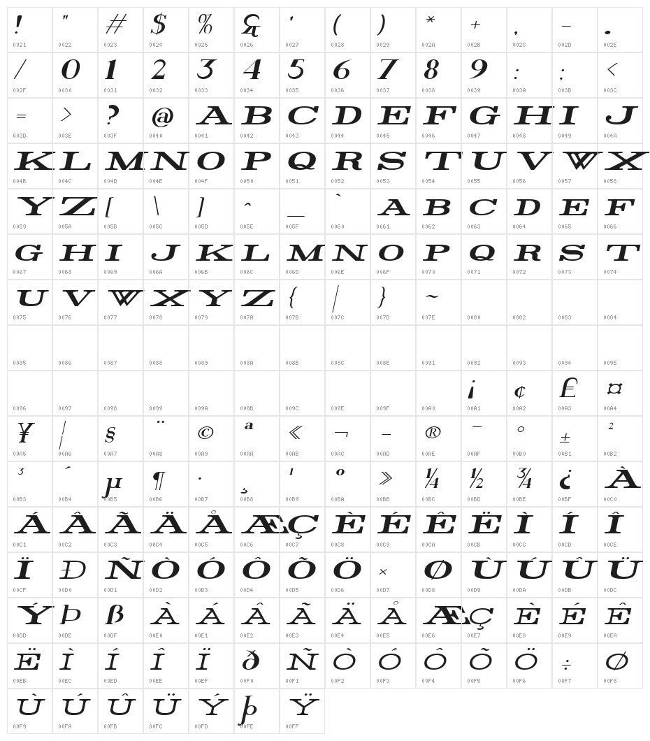 Rider Wide Expanded Bold Italic Character Map