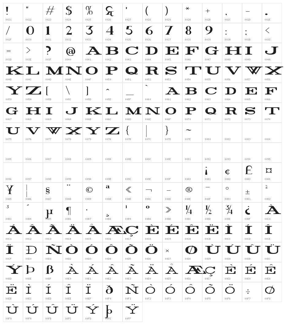 Rider Wide Expanded Bold Character Map