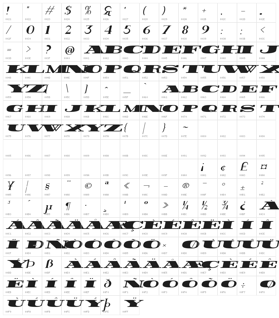 Rider Wide Expanded ExtraBlack Italic Character Map