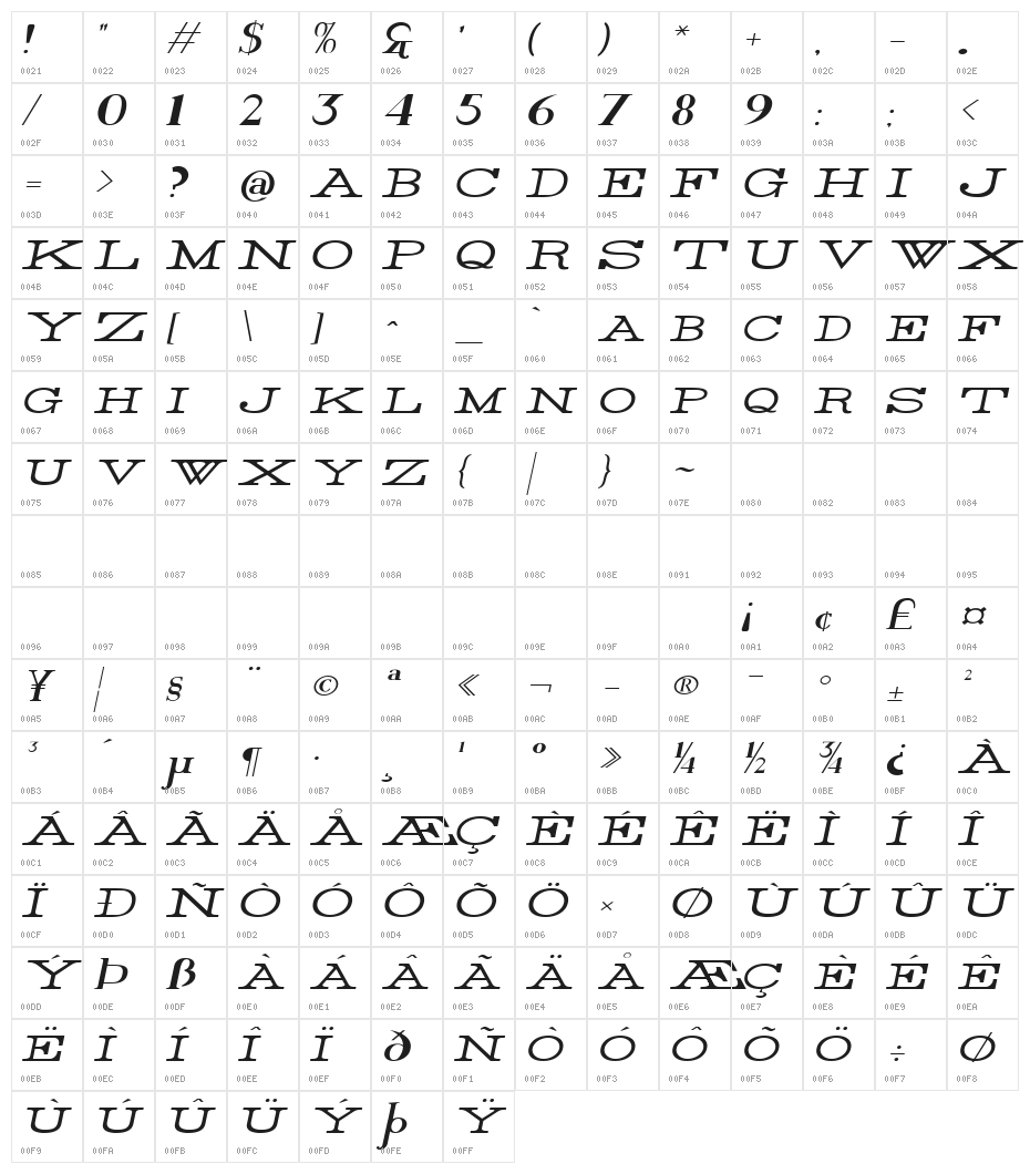 Rider Wide Expanded Light Italic Character Map