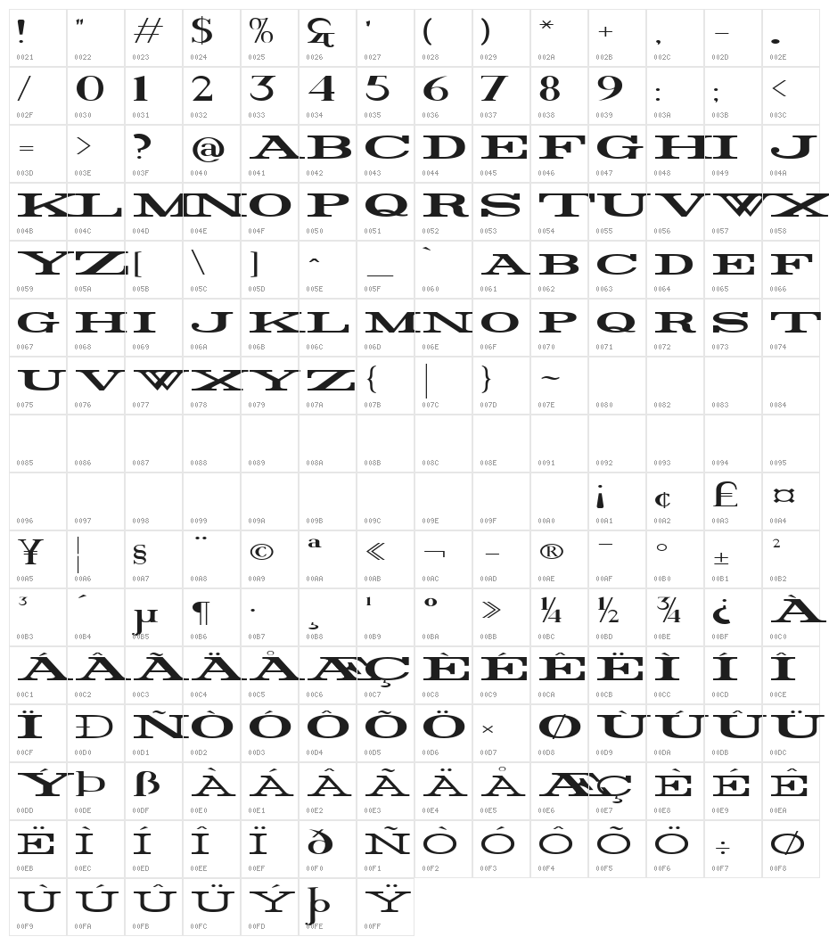 Rider Widest Ultra-expanded Bold Character Map