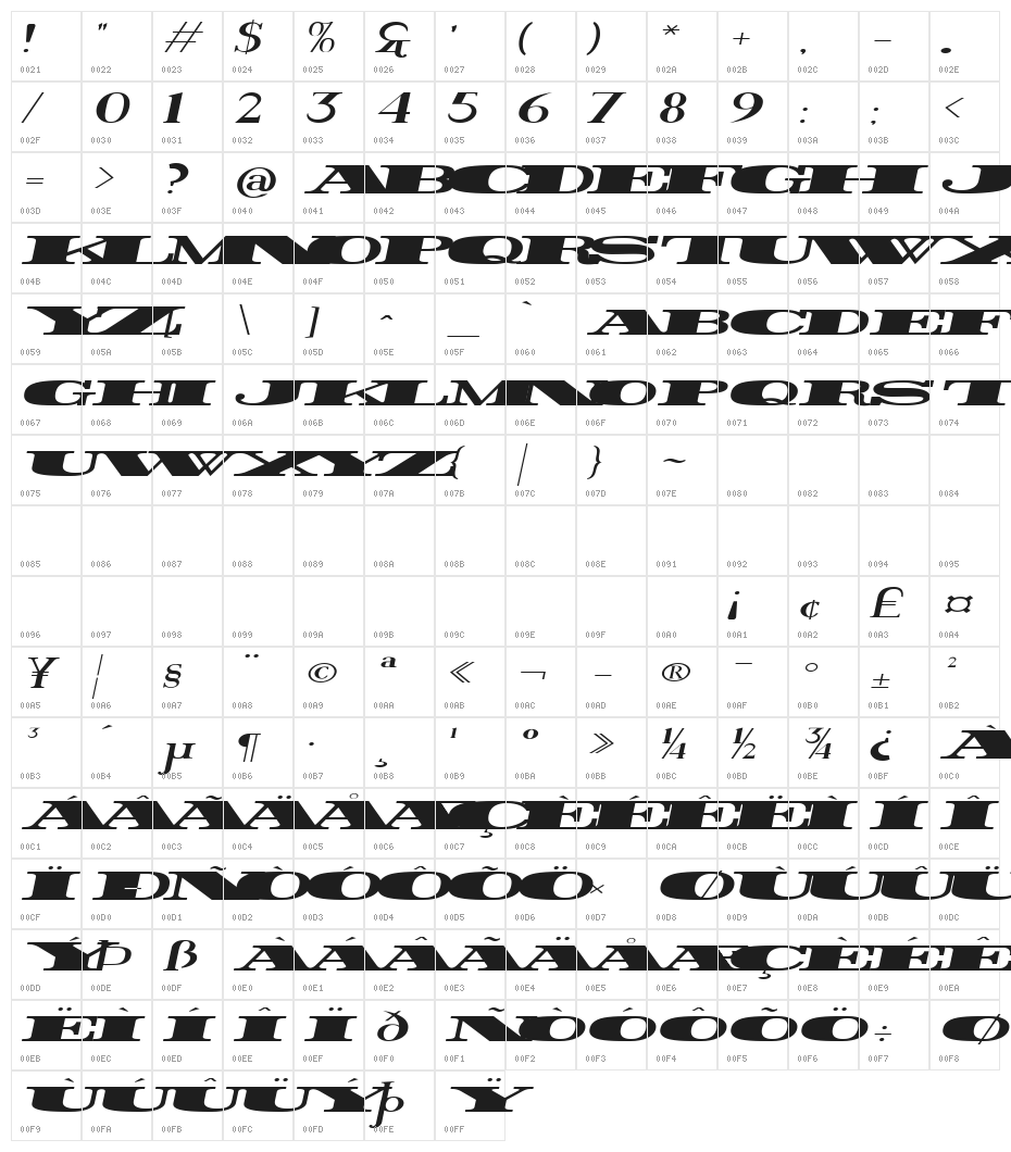 Rider Widest Ultra-expanded ExtraBlack Italic Character Map