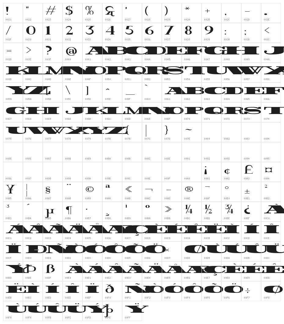 Rider Widest Ultra-expanded ExtraBlack Character Map
