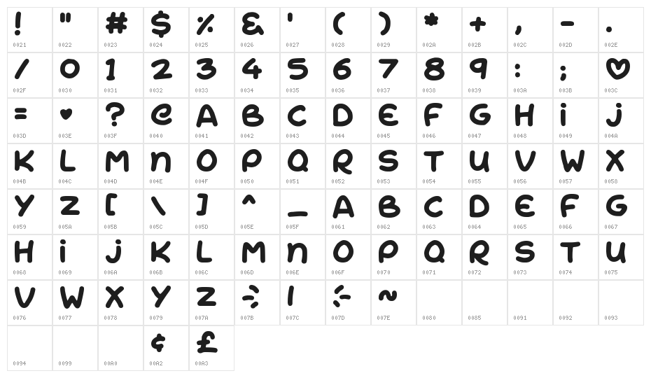 Rise & Shine Character Map