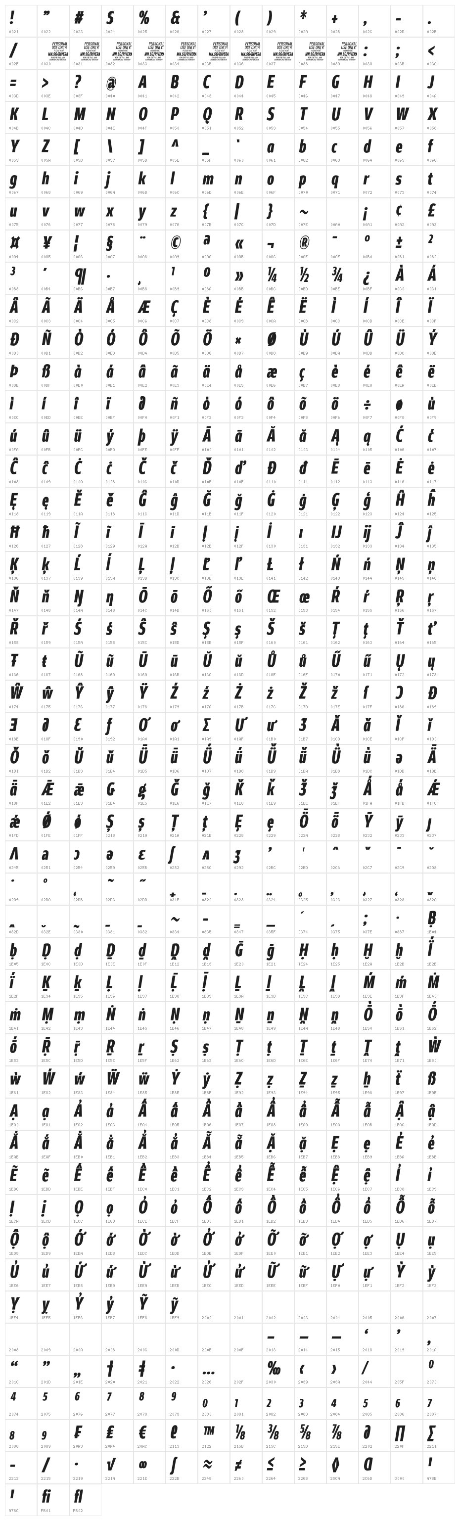 Rivera PERSONAL USE ONLY Black Italic Character Map