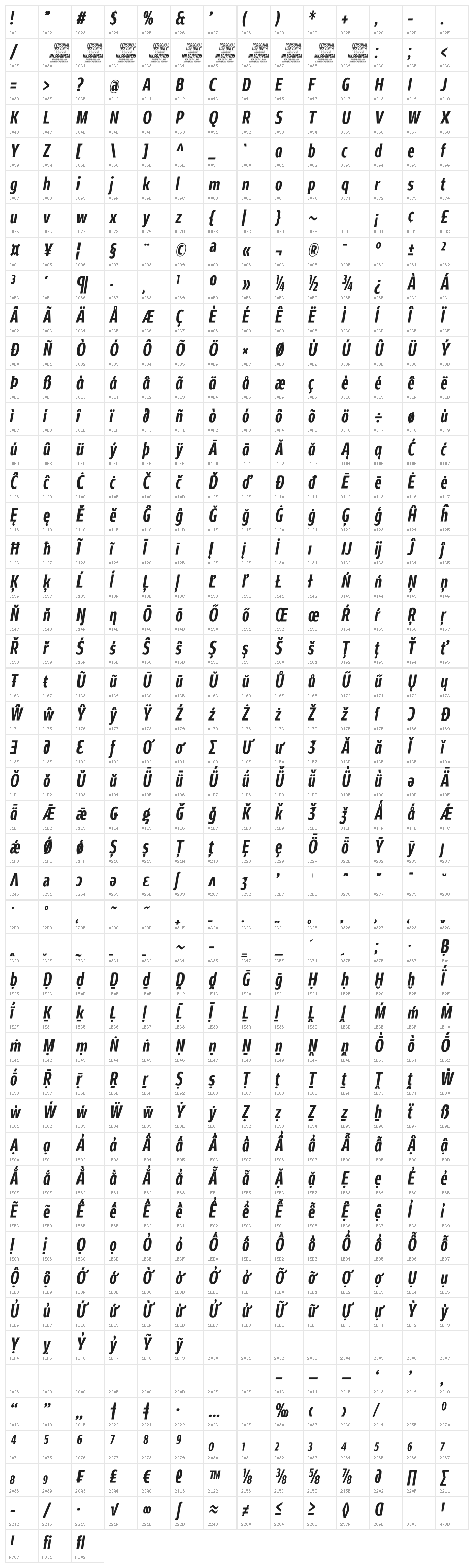 Rivera PERSONAL USE ONLY Bold Italic Character Map