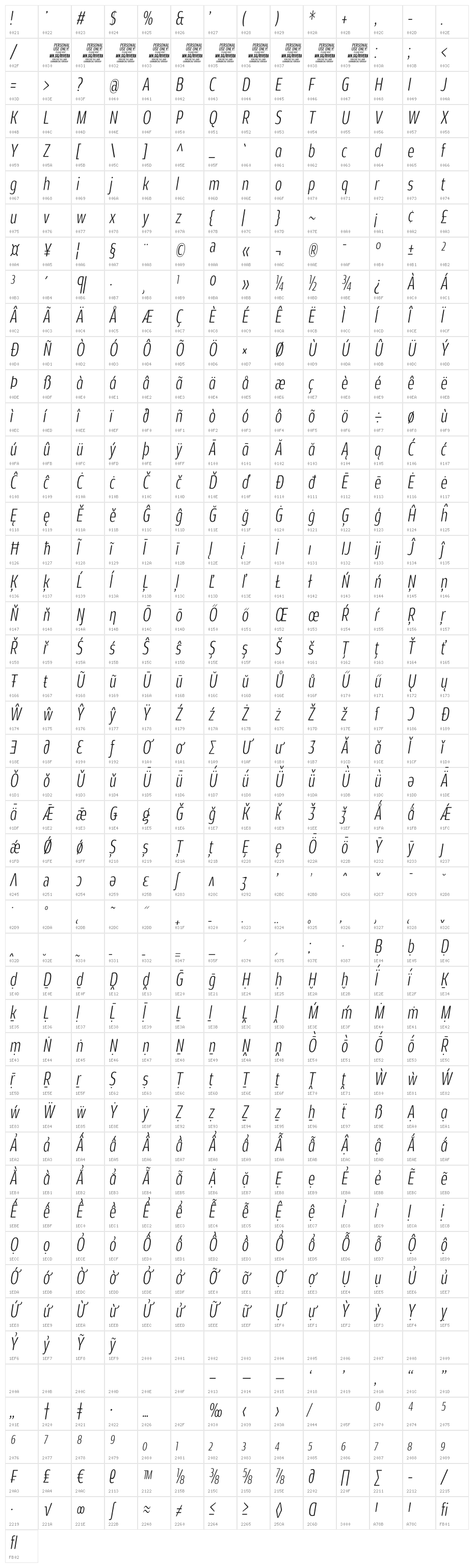 Rivera PERSONAL USE ONLY Light Italic Character Map