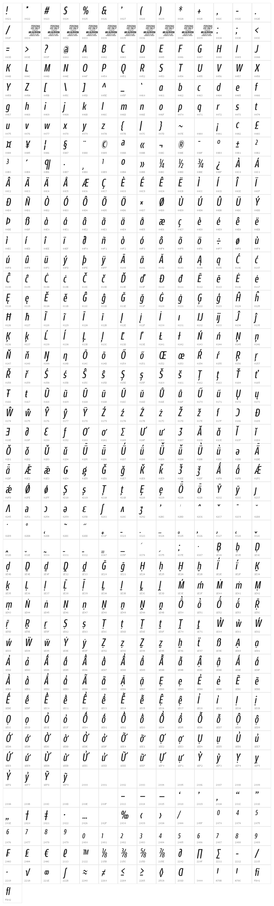 Rivera PERSONAL USE ONLY Regular Italic Character Map