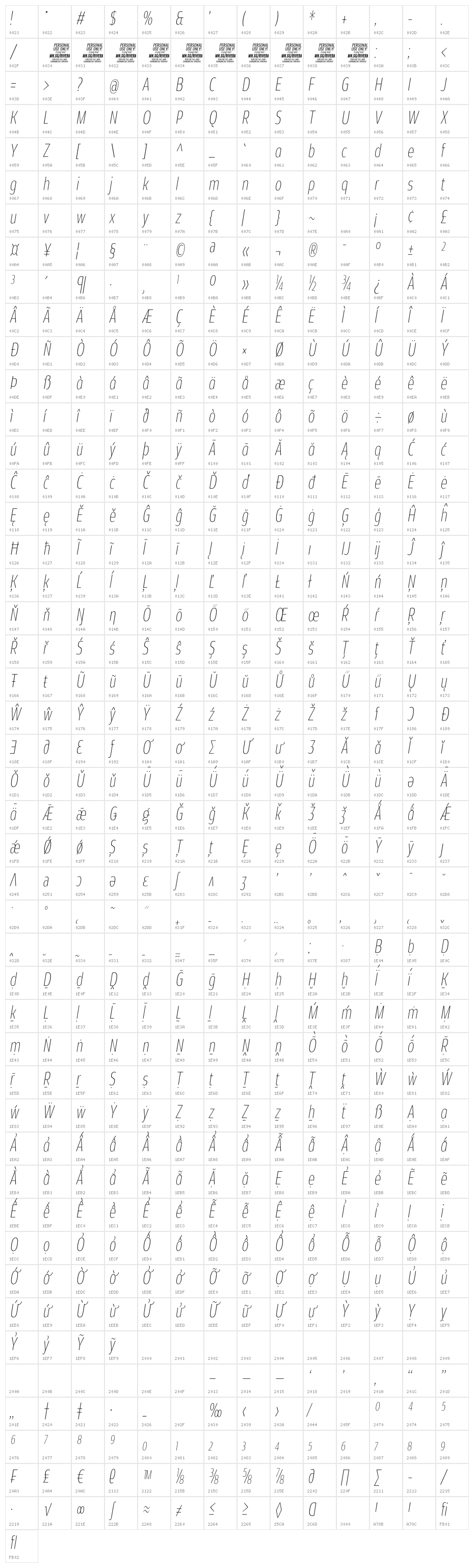Rivera PERSONAL USE ONLY Thin Italic Character Map