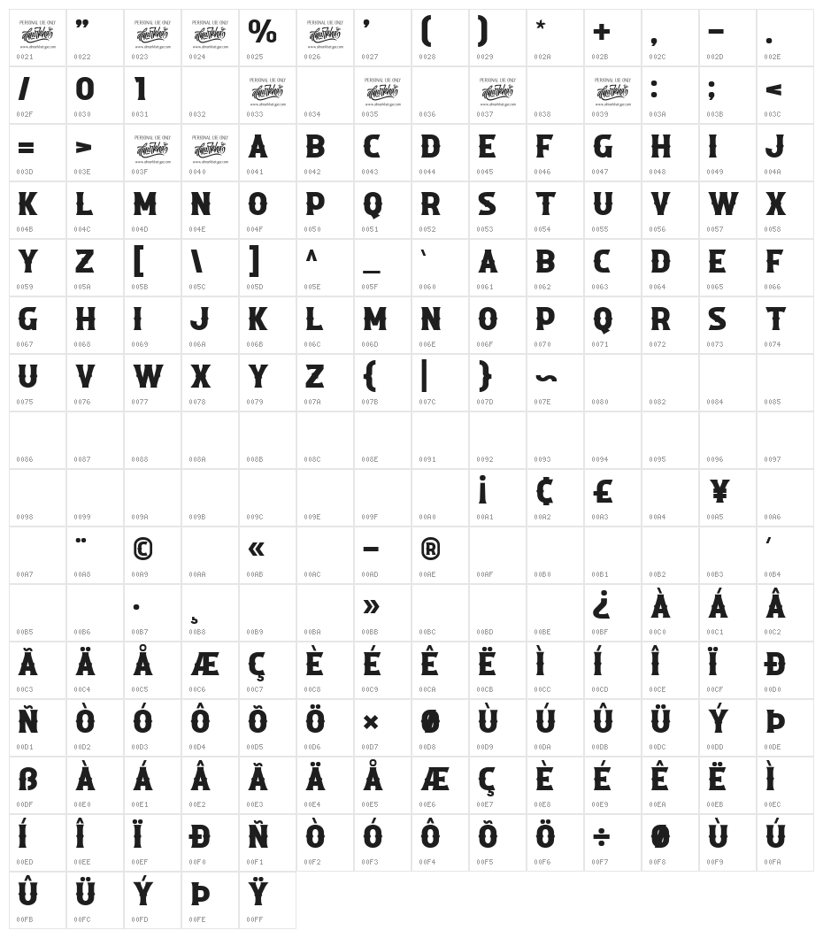 ROADSTORE Character Map