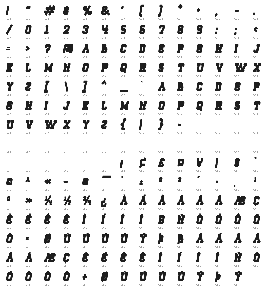 ROQUERO Extrude Italic Bold Italic Character Map