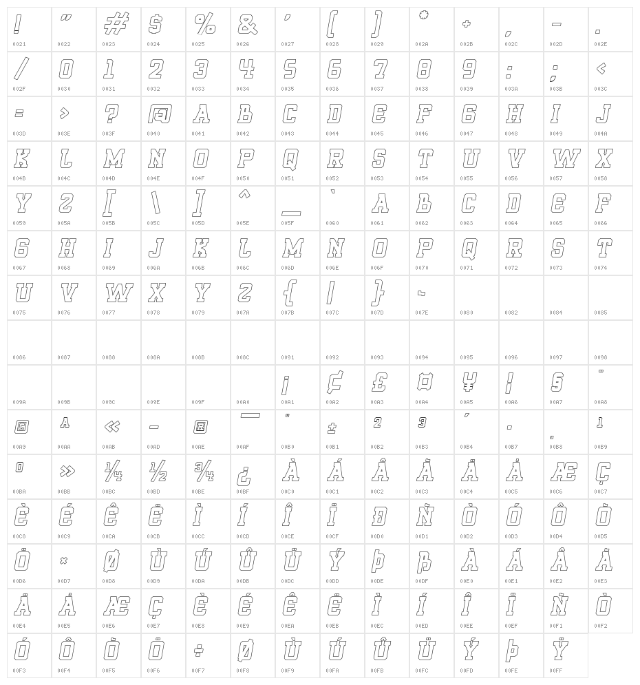 ROQUERO Italic Outline Character Map