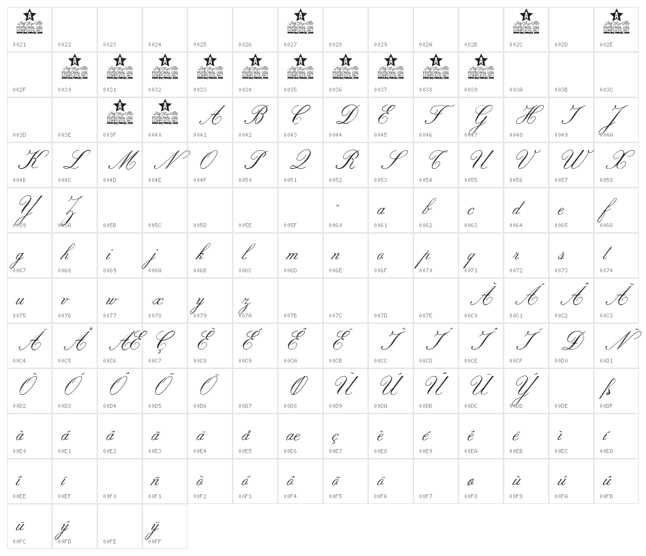 ROSEMARRYE SCRIPT PERSONAL USE Italic Character Map