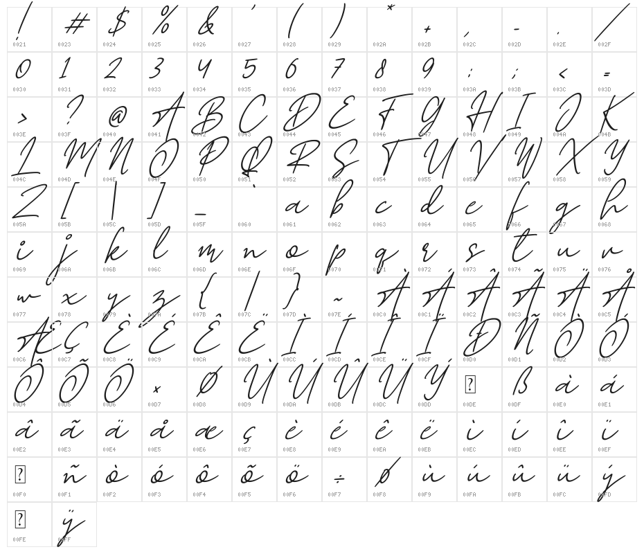 Road Light Italic Character Map