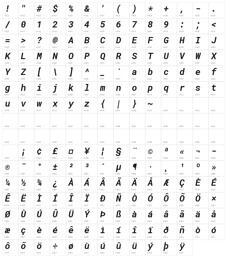 Roboto Mono Bold Italic Character Map