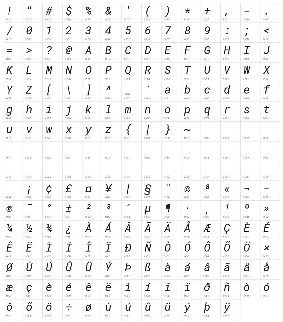 Roboto Mono Italic Character Map