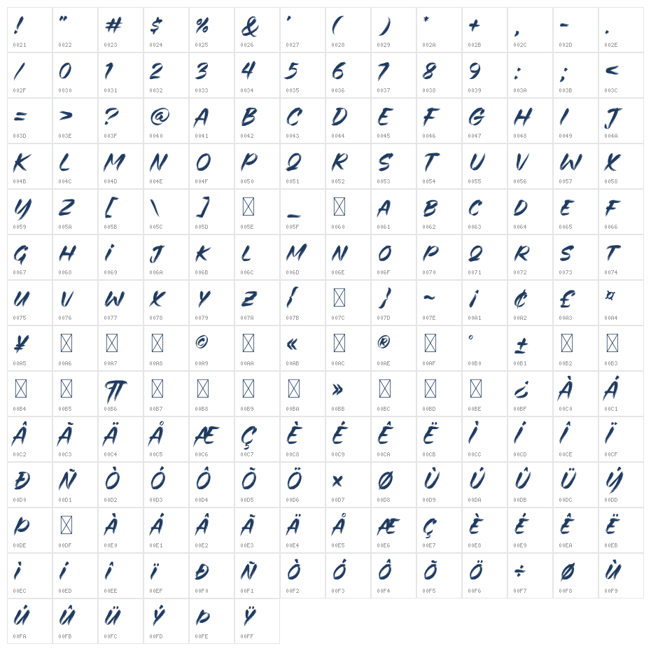 Rocket Brush Character Map