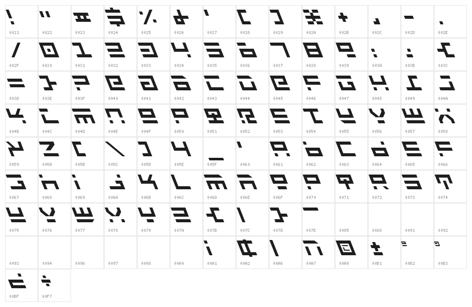 Rocket Type Leftalic Character Map