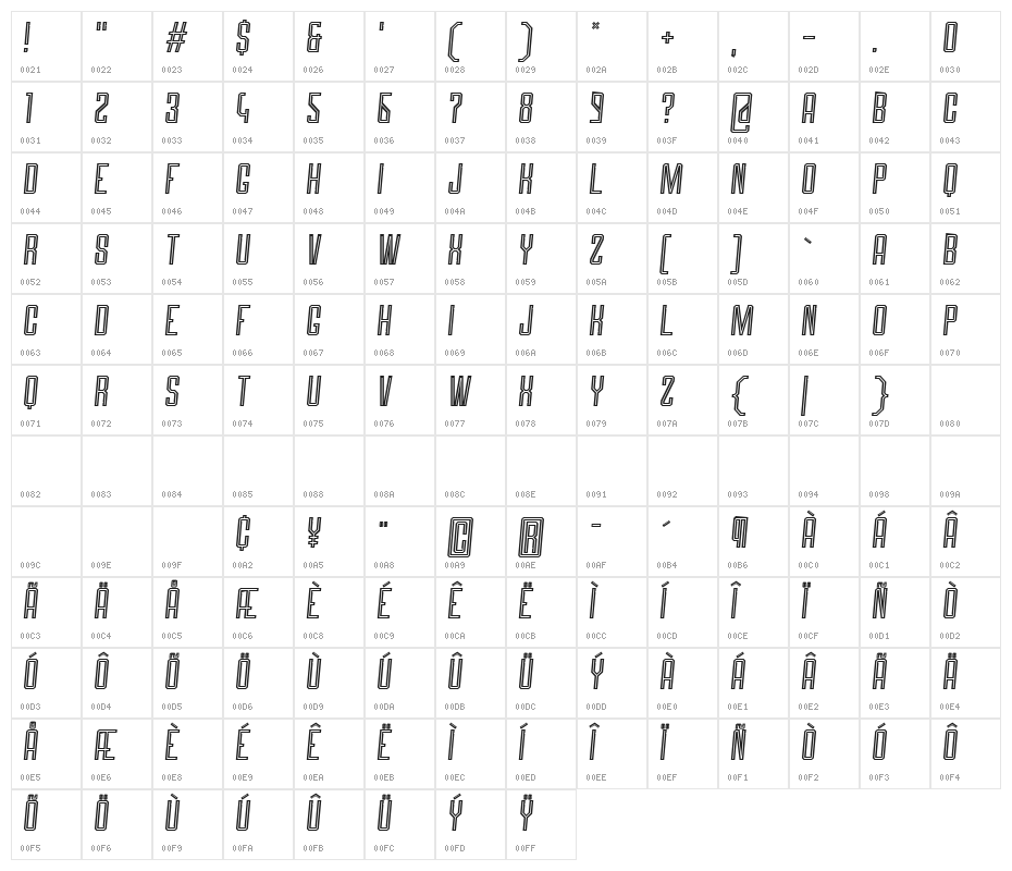 Roguedash Italic Line Character Map
