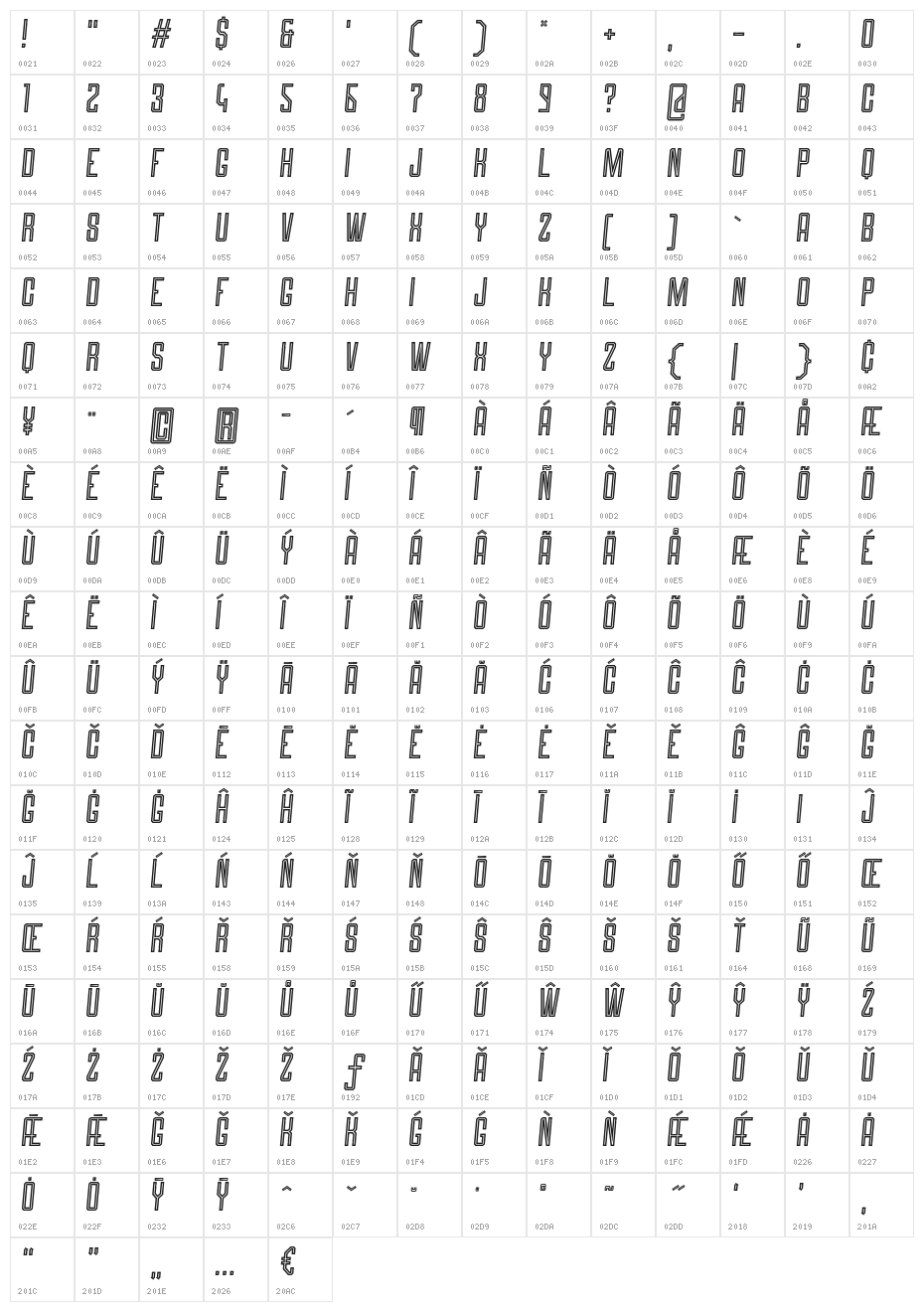 Roguedash-ItalicLine Character Map