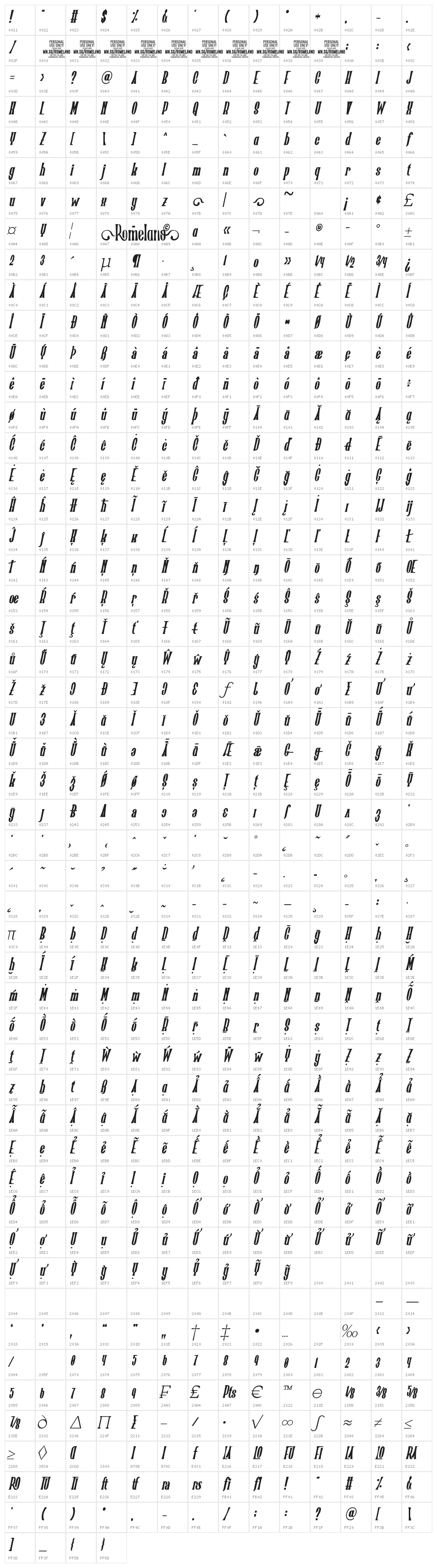 Romelano Bold Italic PERSONAL USE Bold Italic Character Map