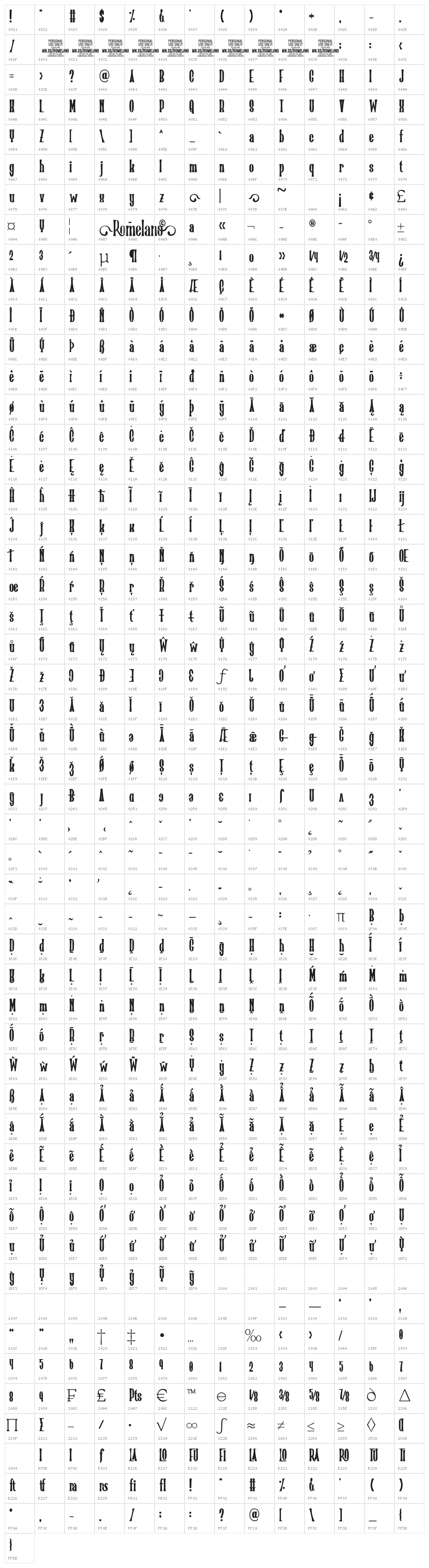 Romelano Bold PERSONAL USE Bold Character Map