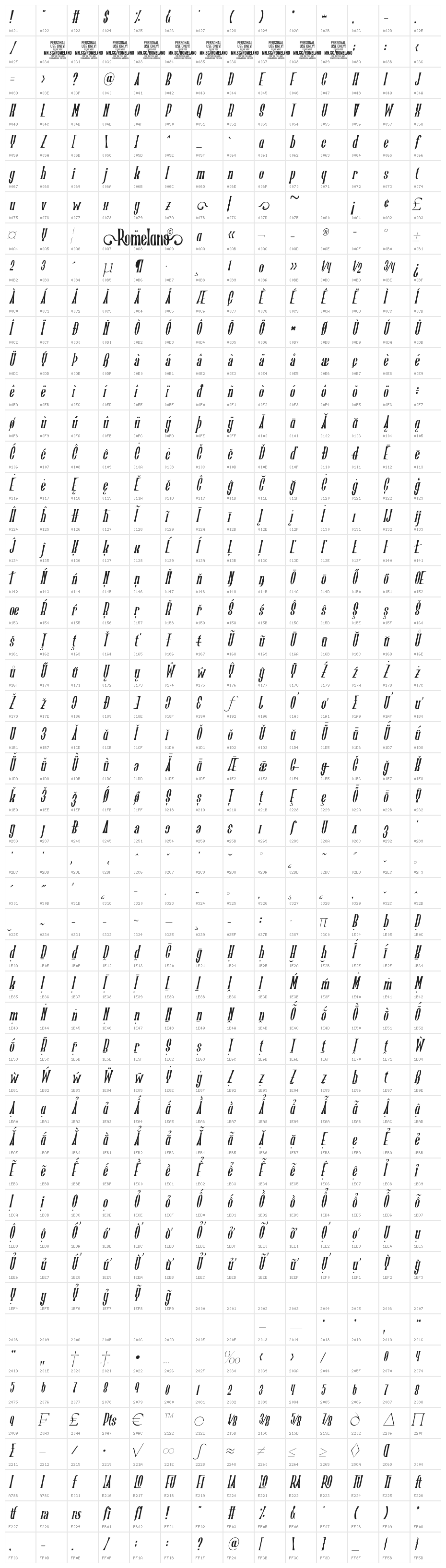 Romelano Italic PERSONAL USE Italic Character Map