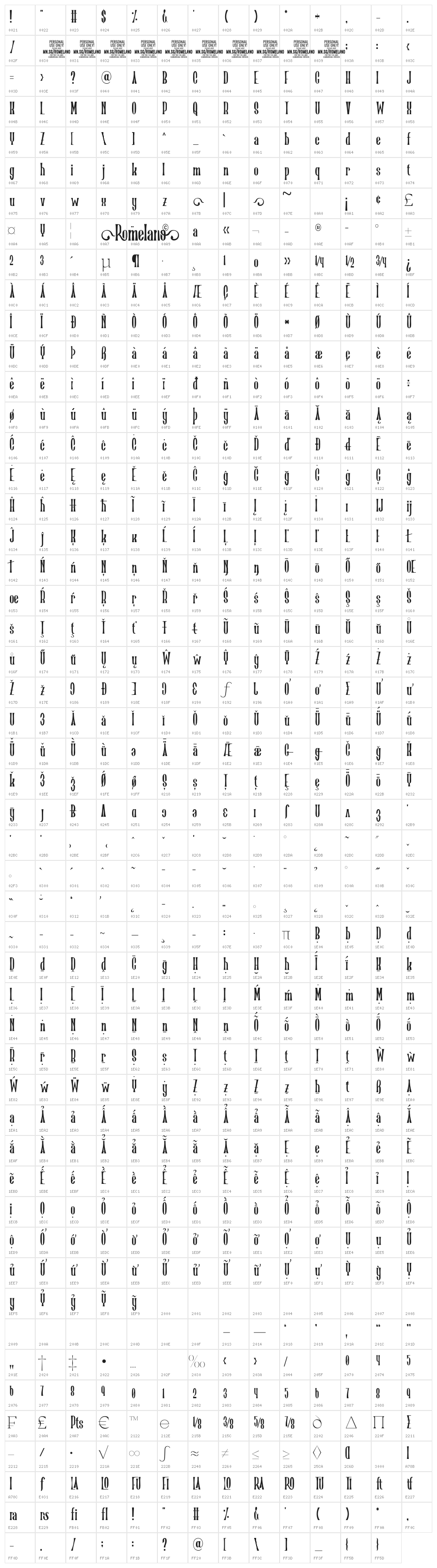 Romelano PERSONAL USE Regular Character Map