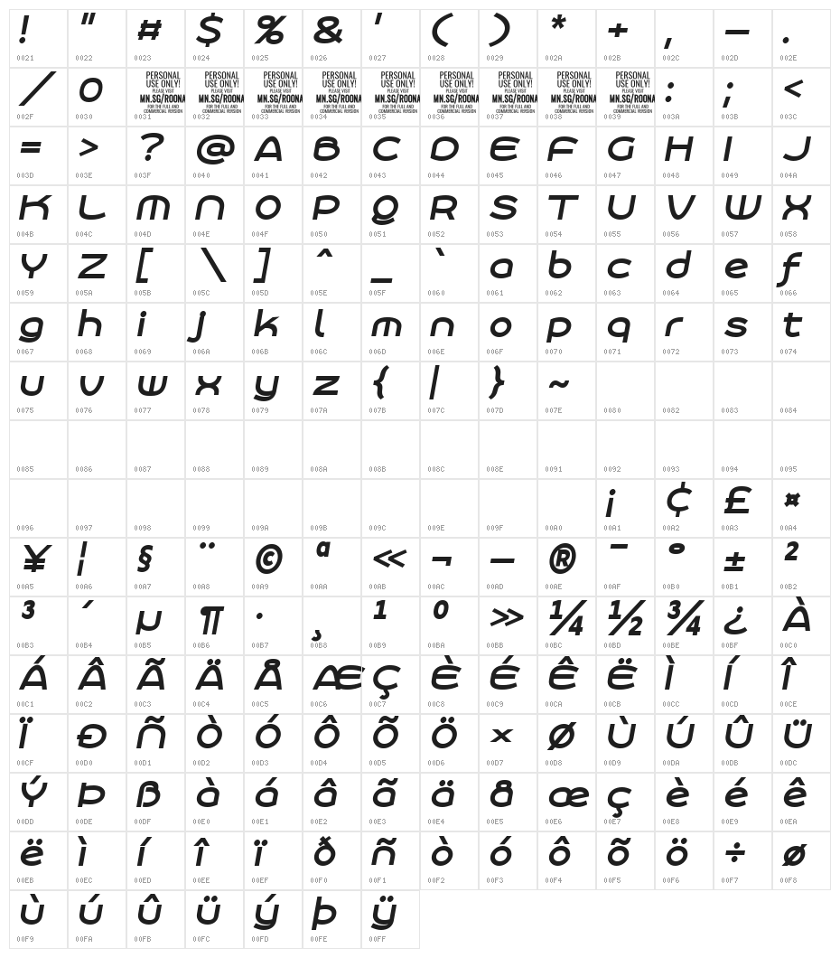Roona Sans Bold PERSONAL Italic Character Map