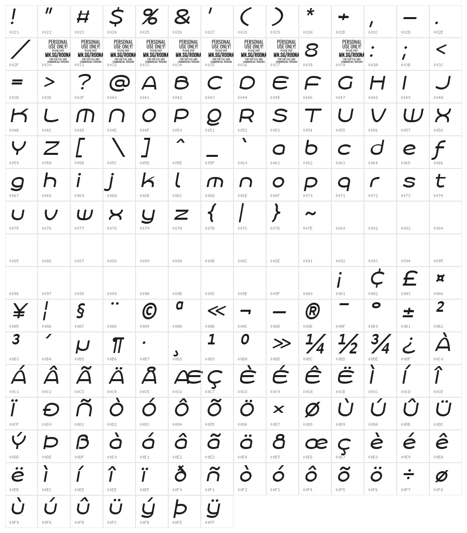 Roona Sans Medium PERSONAL Italic Character Map