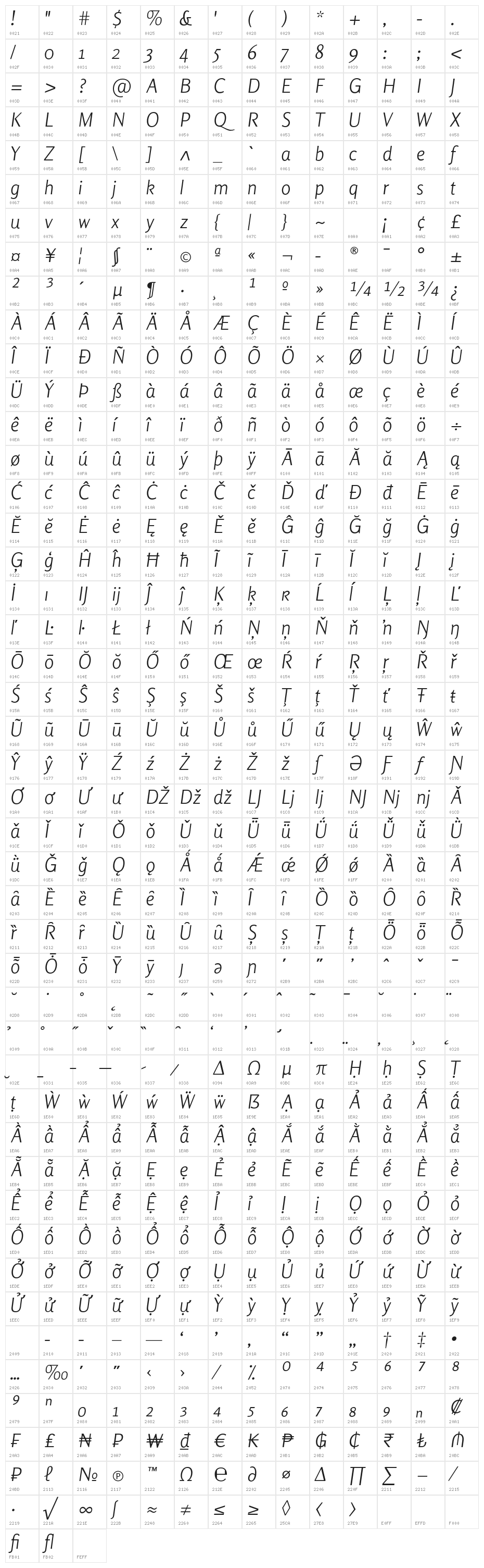 Rosario Light Italic Character Map