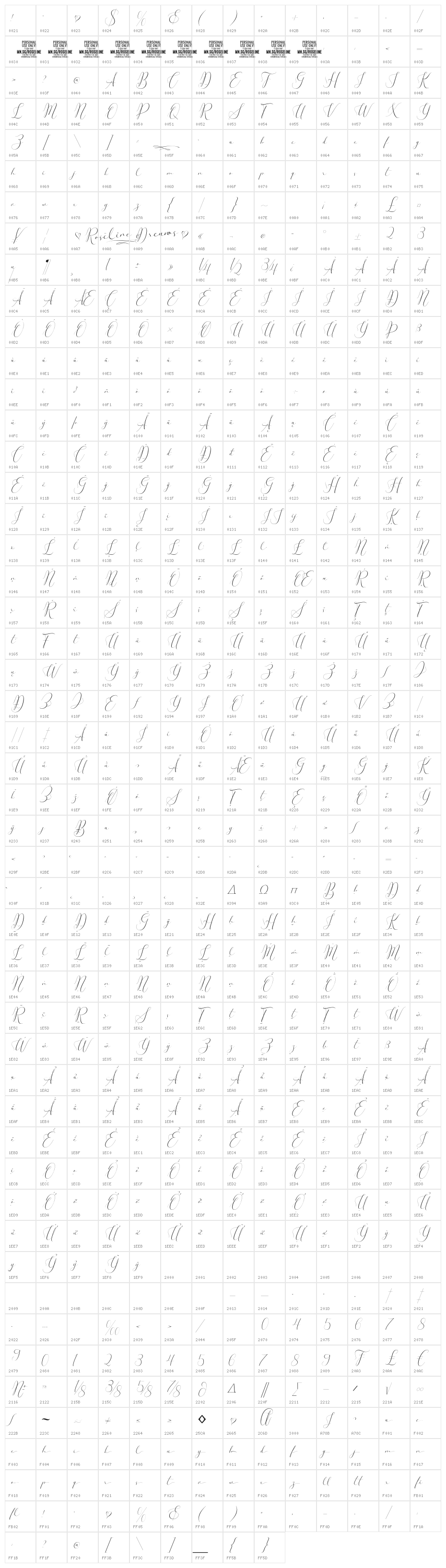 Roseline Dreams PERSONAL USE Regular Character Map
