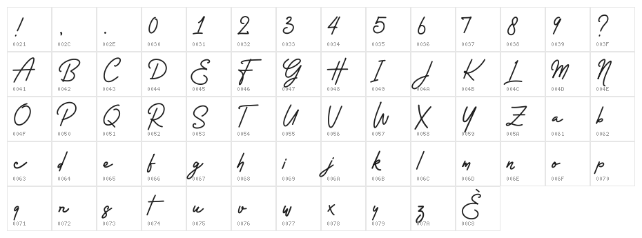 Rossela Signature Font Demo Character Map