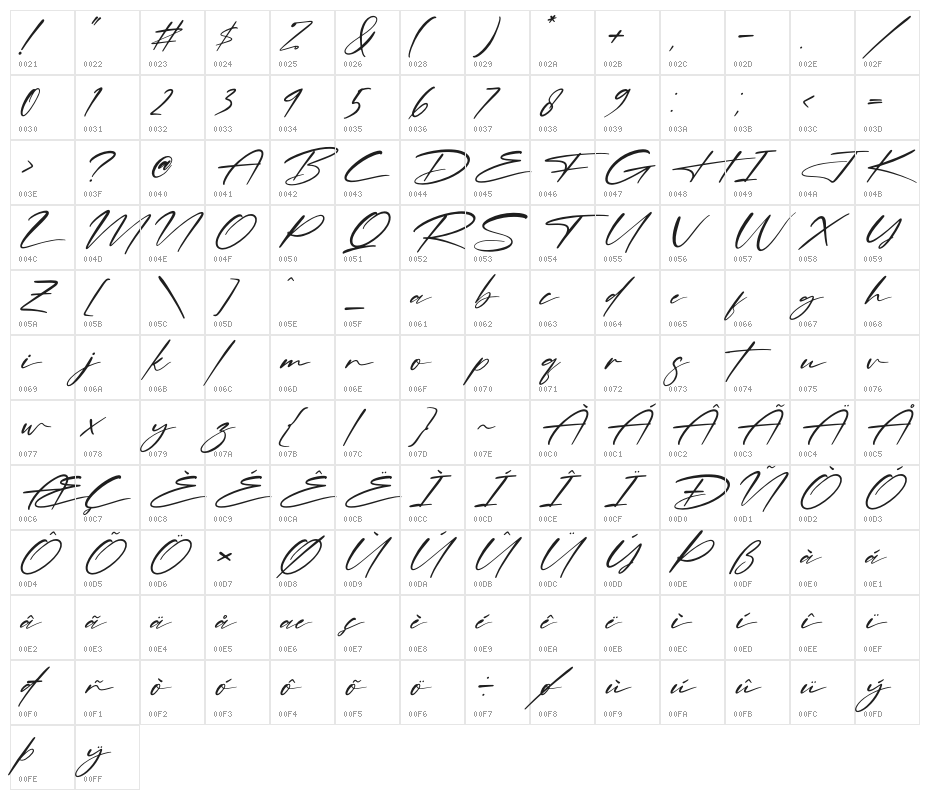 Rosterdam Signature Italic Character Map