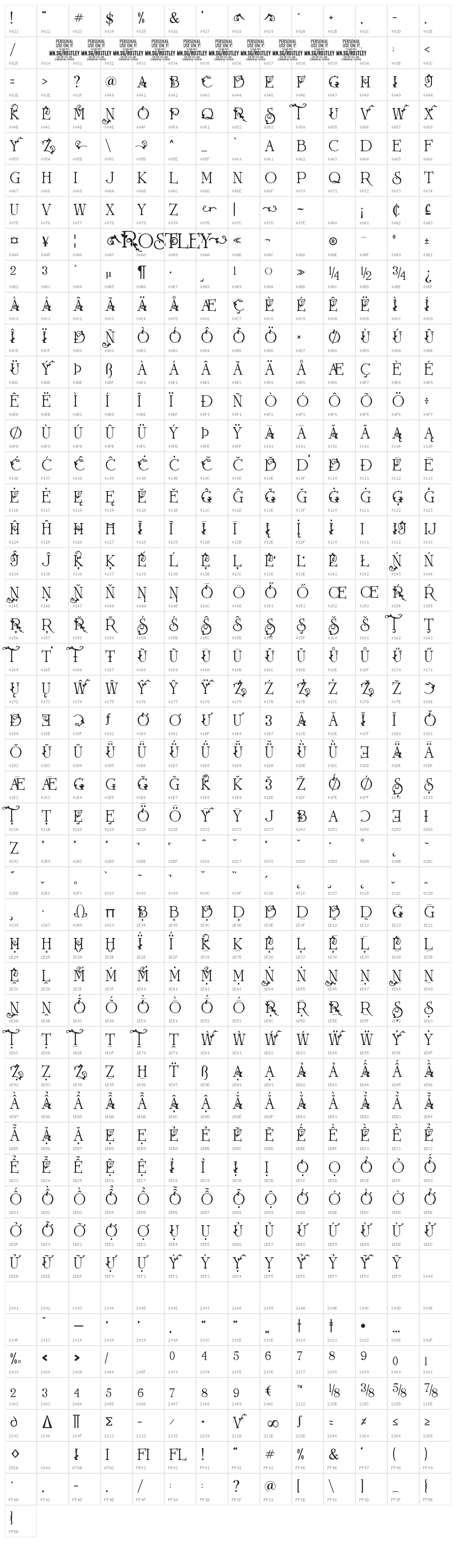 Rostley PERSONAL USE ONLY Regular Character Map