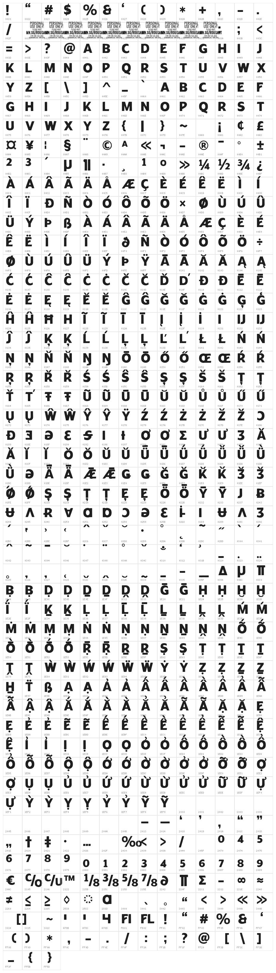 RougantPERSONALUSEONLY-Regular Character Map