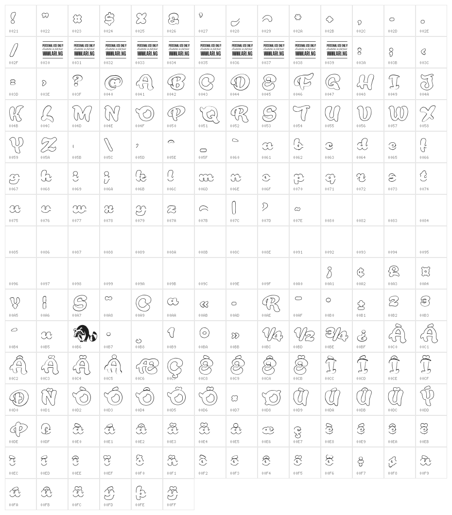 Rough Rakoon Out PERSONAL USE Character Map